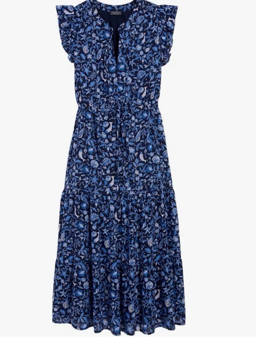 Vineyard Vines Navy Blue Floral Maxi Dress with Ruffle Sleeves